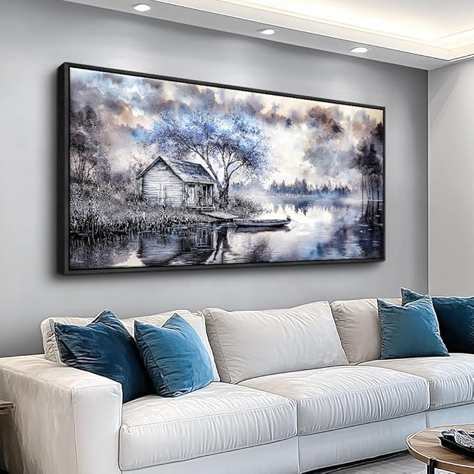 ERQINHUA Large Wall Decor For Living Room Canvas Wall Art For Office Bedroom Blue Tree Lakeside Landscape Painting Black Frame Artwork Pictures Modern Beach Posters Ready To Hang Home Decor 30"x60"