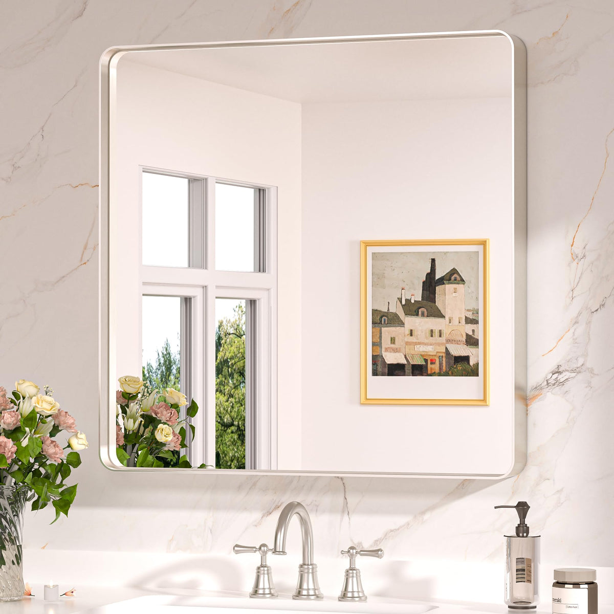Keonjinn 30 x 30 Inch Brushed Nickel Bathroom Mirrors for Over Sink