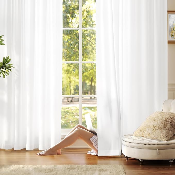 Anmao Non-See-Through Bright White Privacy Semi Sheer Curtains for Living Room 96 Inch Length 2 Panels Set, Light Filtering That Let Light In Rod Pocket Window Drapes for Bedroom, 52W x 96L,Pure White