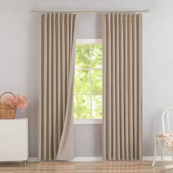 DONREN Sand 60 inch Wide Pinch Pleated Blackout Curtains with Hooks - 84 inch Length Room Darkening Thermal Insulated Window Curtain Panels for Patio Sliding Glass Door,Pack of 2