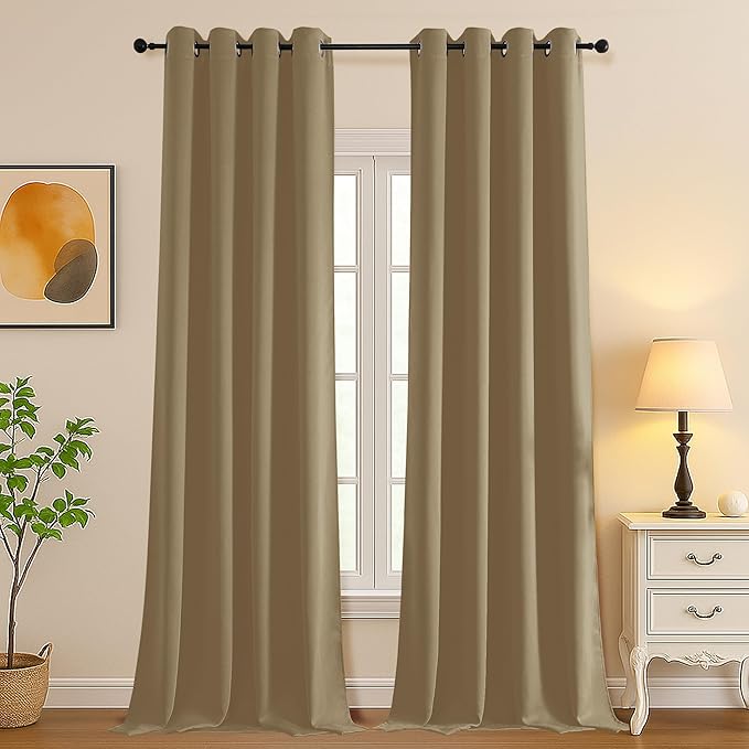 Simplebrand Taupe Room Darkening Curtains for Bedroom Living Room 108 Inches Long 2 Panels Set, Thermal Insulated Curtains & Drapes, Solid Grommet Noise Reducing Window Treatment, W50 x L108 Inch
