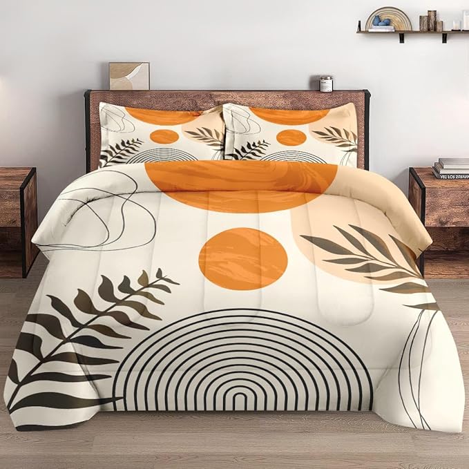 Full Size Comforter Set with 2 Pillowcases, Contemporary Mid Century Geometric 3 Pcs Bedding for Kids and Adults, Boho Rainbow Sun Soft Comforter Set for Bedroom Bed Decor