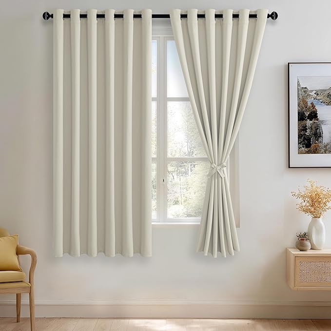 JIUZHEN Ivory Blackout Curtains with Tiebacks - Thermal Insulated, Light Blocking and Noise Reducing Grommet Curtains for Bedroom and Living Room, Set of 2 Window Curtain Panels, 70 x 63 Inch Length