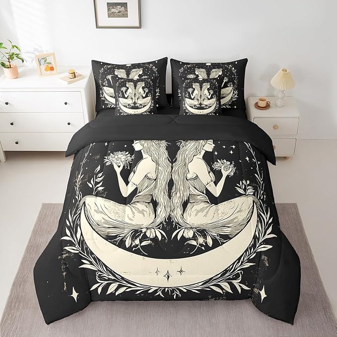Feelyou 7 Piece Sun and Moon Bed in a Bag King for Boys Kids Rustic Garden Sheet Set,Constellation Galaxy for Girls Women Gemini Galaxy Bedding Set with Comforter Boho Mandala Cushion Covers