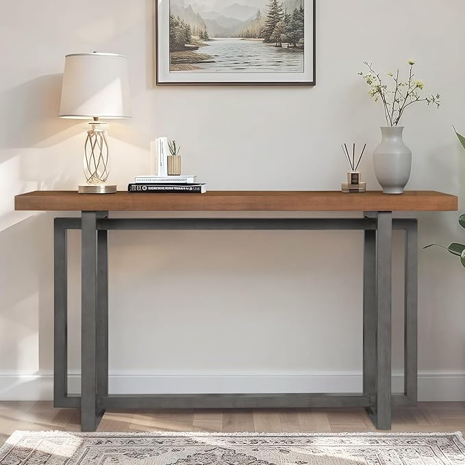 LKTART 59.05-Inch Long Behind Couch Sofa Table for Living Room, Farmhouse Console Table with Storage, Narrow Accent Entryway Tables for Hallway Entrance Foyer (Brown+Grey)
