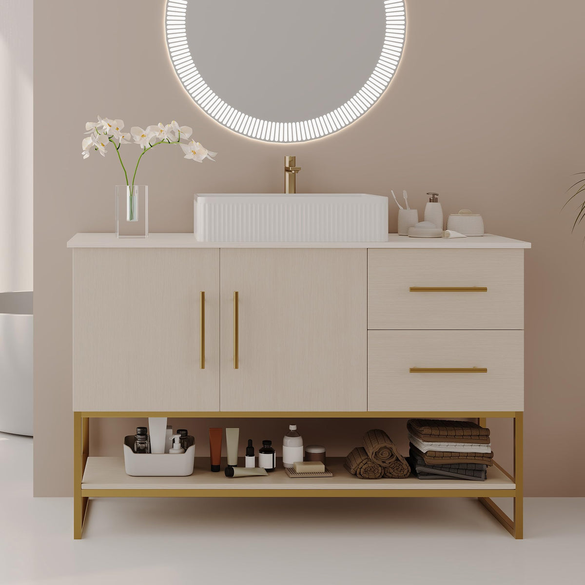 KEIKI 47" Bathroom Vanity with Sink, Modern Freestanding Vanity Cabinet with Ceramic Vessel Sink, Oak Wood Finish, Soft Closing Doors & Drawers, Gold Accent Base, White