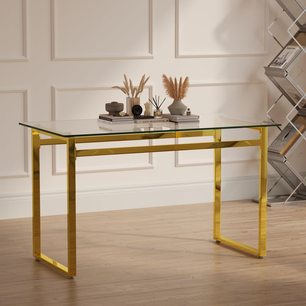 51" Modern Minimalist Rectangular Glass Dining Table for 4-6 with 0.31" Tempered Glass Tabletop and Chrome Metal Legs, Writing Table Desk for Kitchen Dining Living Room (Clear&Golden)