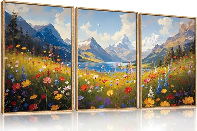 HOURIA Boho Vibrant Watercolor Wildflower & Snowy Mountain Framed Canvas Wall Art Set,Colorful Floral Landscape Decor,Modern Natural Field Scenery Artwork for Living Room,Bedroom,Farmhouse-16 x24 x3