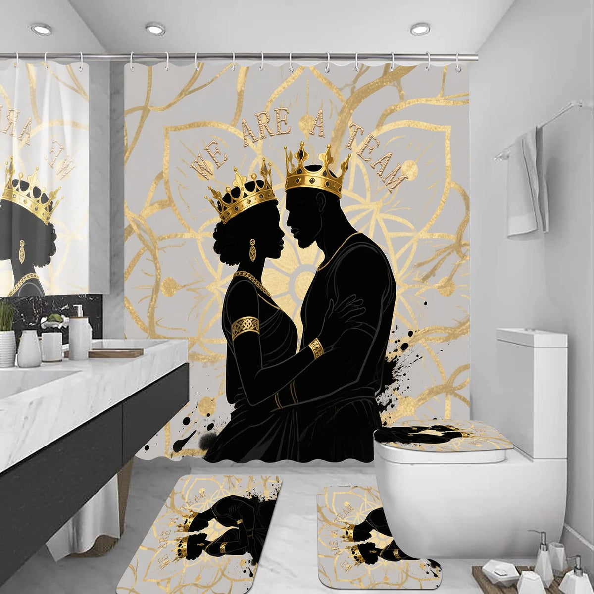 Omebero 4PCS Boho Black King Queen Shower Curtain Set with Waterproof Shower Curtain Non-Slip Bath Mat Rug Toilet Lid Cover, Romantic African American Black Man Woman Fathers Day Bathroom Decor Set