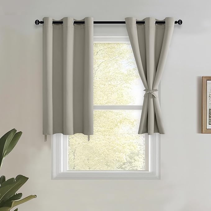 JIUZHEN Silver Grey Blackout Curtains with Tiebacks Thermal Insulated, Light Blocking and Noise Reducing Grommet Curtains for and Living Room, Set of 2 Window Curtain Panels, 34 x 24 Inch Length
