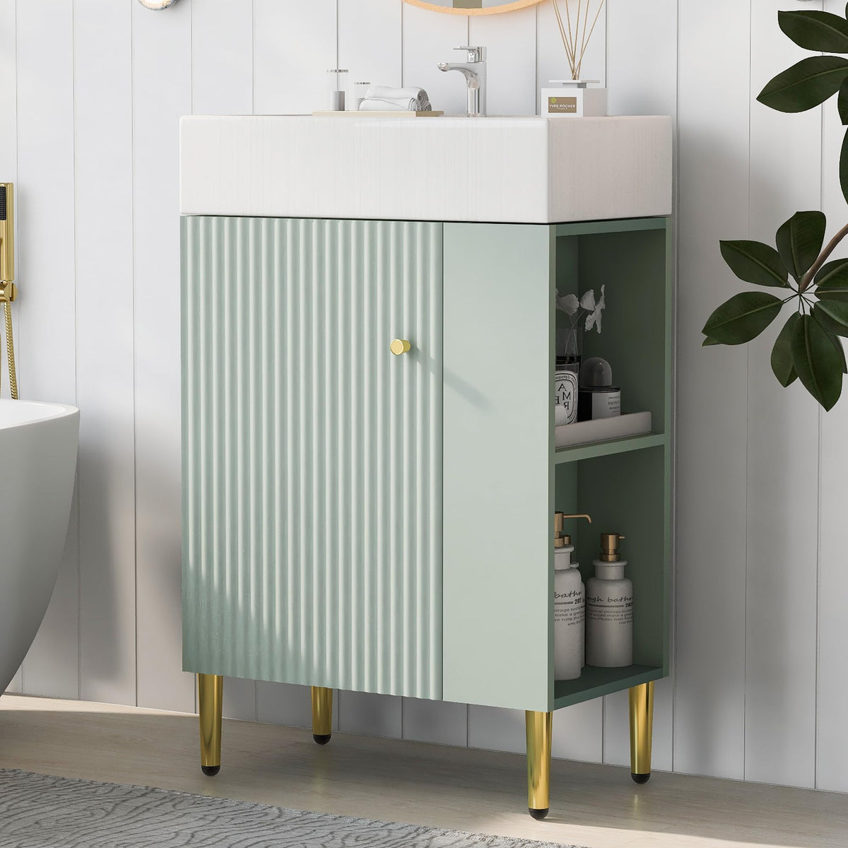 Virubi 21.6 in Small Bathroom Vanity with Sink,Doors and Storage Shelves,Wood Modern Single Fluted Bathroom Sink Cabinet Freestanding (Green,Right Shelf)
