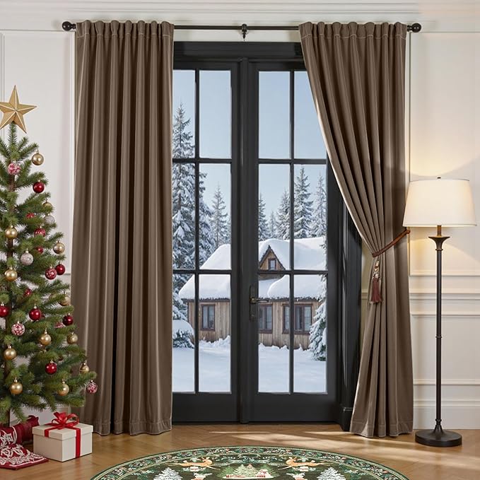Lazzzy Dark Brown 84 Inch Long (52 x 84 Inch) Blackout Velvet Curtains Thermal Insulated Blackout Curtain Drapes Luxury Back Tab Window Treatments for Bedroom Living Room 2 Panels, Truffle