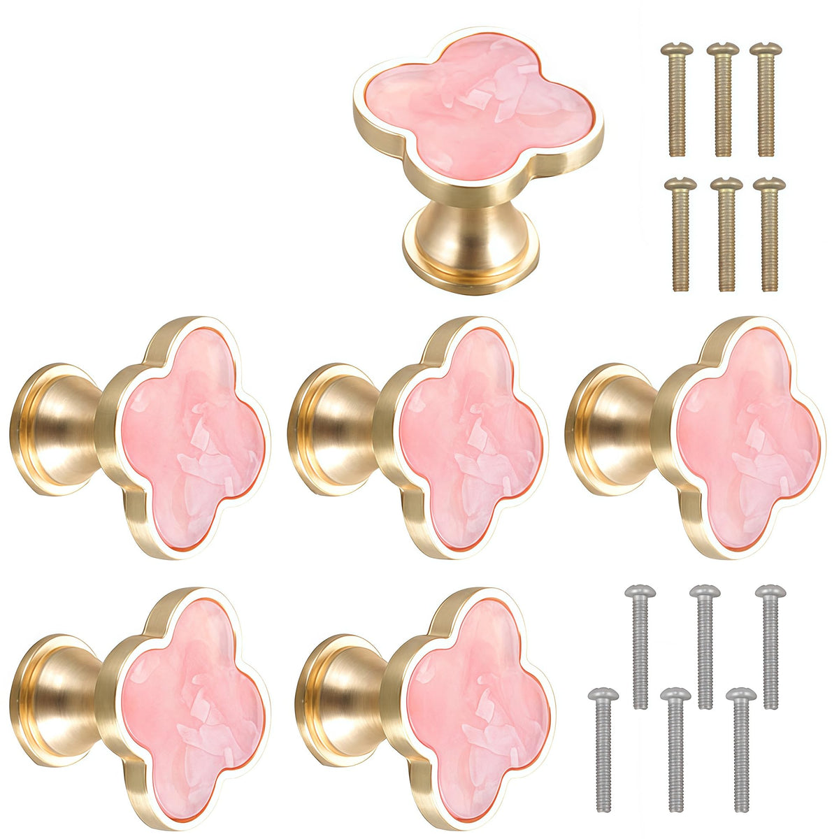 ARTiFiXPRO 6 Pack Pink Cabinet Knobs, Zinc Alloy Single Hole Drawer Pulls, Decorative 3-Leaf Style Door Handles for Dresser Cupboard Wardrobe Vanity Kitchen Bathroom Furniture Hardware