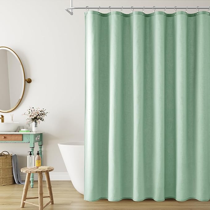 Naturoom Aqua Green Linen Shower Curtain, Country Boho Farmhouse Bath Decor Shower Curtains Neutral Cloth Weighted Textured Fabric Bath Curtain Liner with Hooks, 72x96