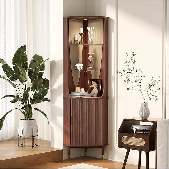 70" Tall Corner Cabinet,Mid Century Modern Cabinet with Doors,Fluted Corner Bar Cabinet with Glass Holder,Lights and Storage Shelves,Wine Bar Cabinet for Liquor, Living Room, Kitchen, Walnut