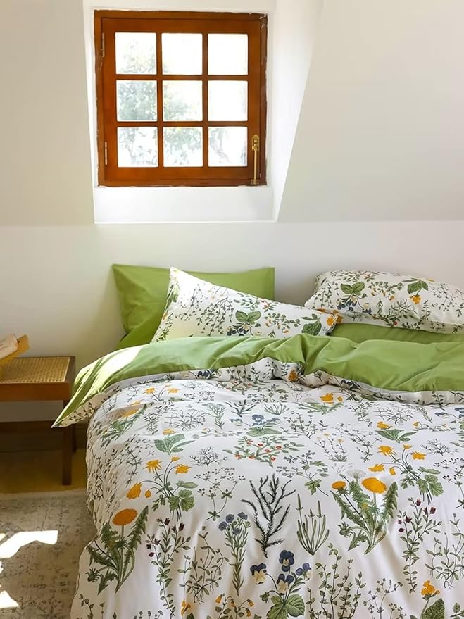 Houseri Green Floral Comforter Set Twin Yellow Green Botanical Bedding Set Twin Size Boho Comforter for Girls Women Boy Men Bohemian Flower Farmhouse Bedding Quilt Twin Size