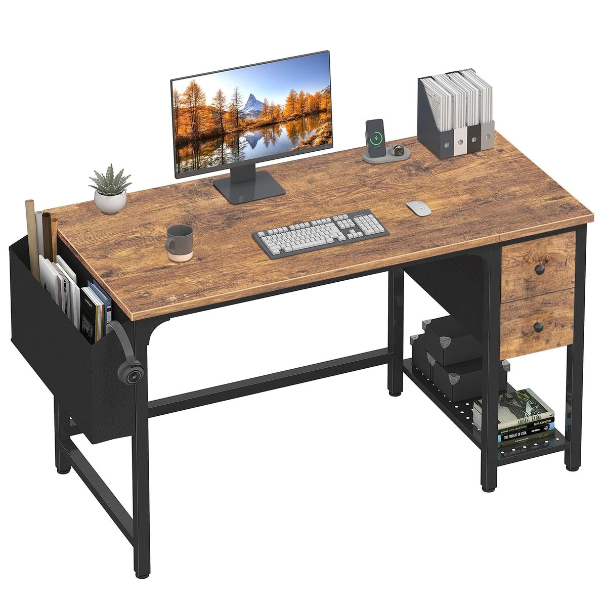Lufeiya Computer Desk with Fabric Drawers, 47 Inch Desk for Small Space Home Office, Modern Simple Study Writing Table PC Desks for Bedroom, Rustic Brown
