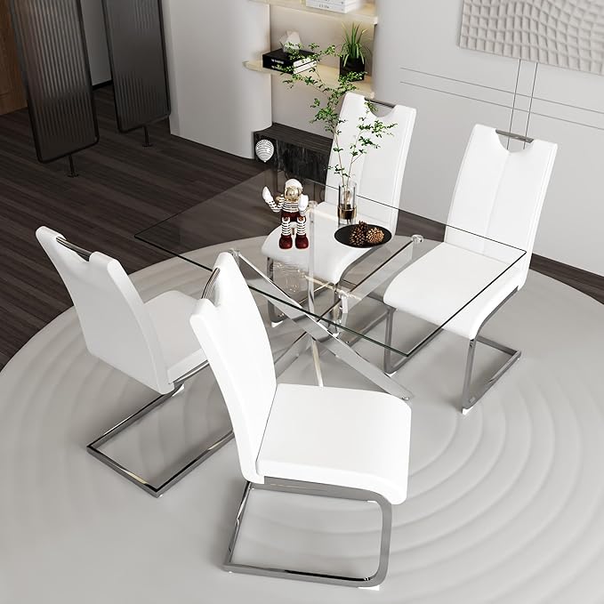 5 Piece Dining Table Table Set, Modern Tempered Glass Dining Table Set for 4 Kitchen Table Set with 4 Upholstered Chairs for Kitchen Dining Room (Sliver Table with White Hoop Leg Chairs)
