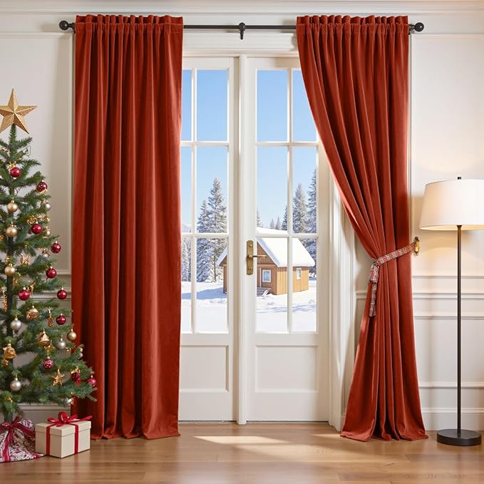 Lazzzy Velvet Blackout Curtains Thermal Insulated Room Window Drapes Super Soft Luxury Curtains for Living Room Bedroom Rod Pocket 2 Panels, Rust Red, 52" W x 102" L