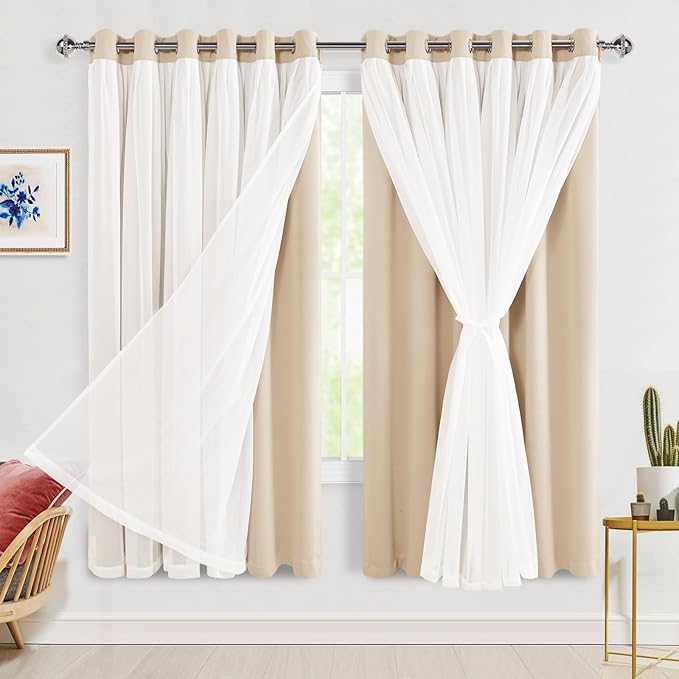 Hiasan Blackout Curtains with Sheer Overlay, Grommet Thermal Insulated Privacy Mix and Match Double Layer Window Curtains for Girls Bedroom, Living Room, 2 Drape Panels with Tiebacks, Beige, 70W X 63L