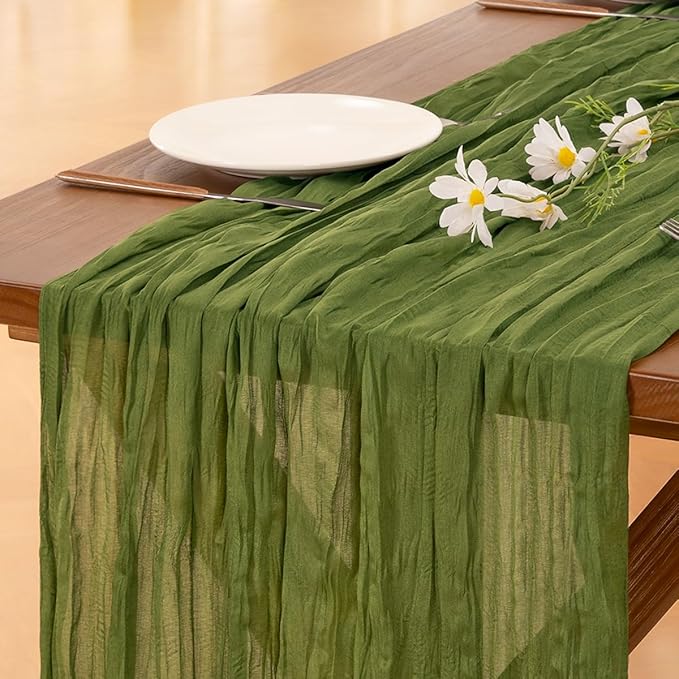 Socomi 6pcs Olive Green Christmas Cheesecloth Table Runner Boho Rustic Gauze 120 inch 10FT Cheese Cloth Runner for Wedding Party Baby Shower Birthday Home Decor Holiday Decorations