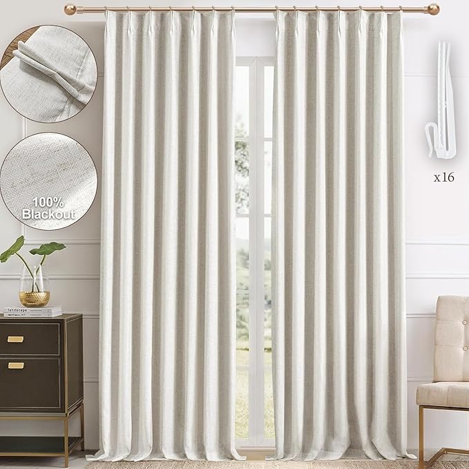 IVAPUPU Linen Pinch Pleated Blackout Curtains for Bedroom - 100% Black Out Natural Curtains 102 Inch Long 2 Panel for Living Room Darkening Thermal Insulated Thick Window Drapes with 16pc Hooks