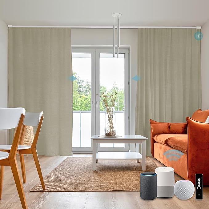SmartWings Automatic Curtain Opener with Drapery, Motorized Vertical Blinds with Remote, Electric Closet Doors Sliding Panels Compatible with Alexa Google Homekit, 93% Blackout Light Khaki