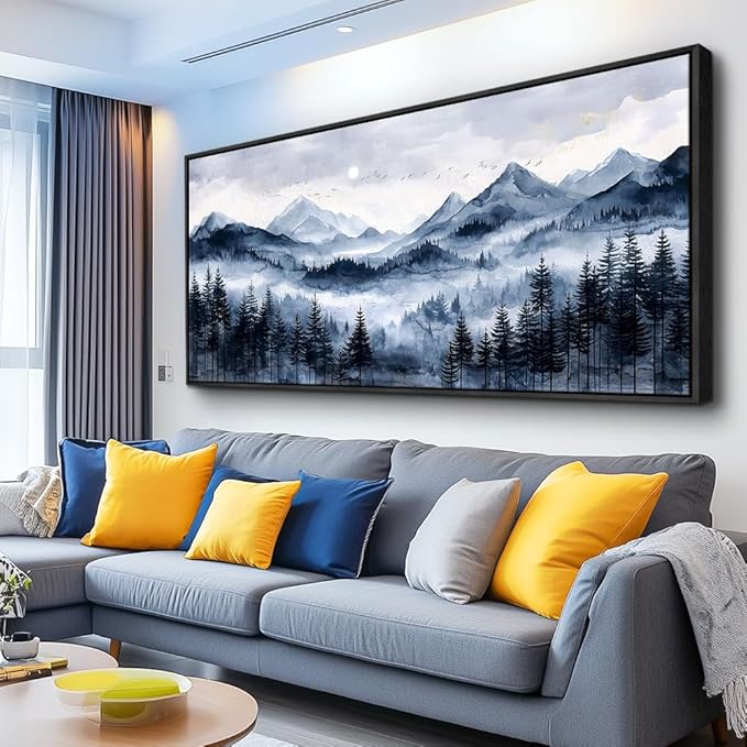 ERQINHUA Canvas Wall Art For Bedroom Large Wall Decor For Living Room Office Mural Misty and Fog Forest Painting Mountain Landscape Picture Artworks Home Decor Black Framed Ready To Hang 32x72 In