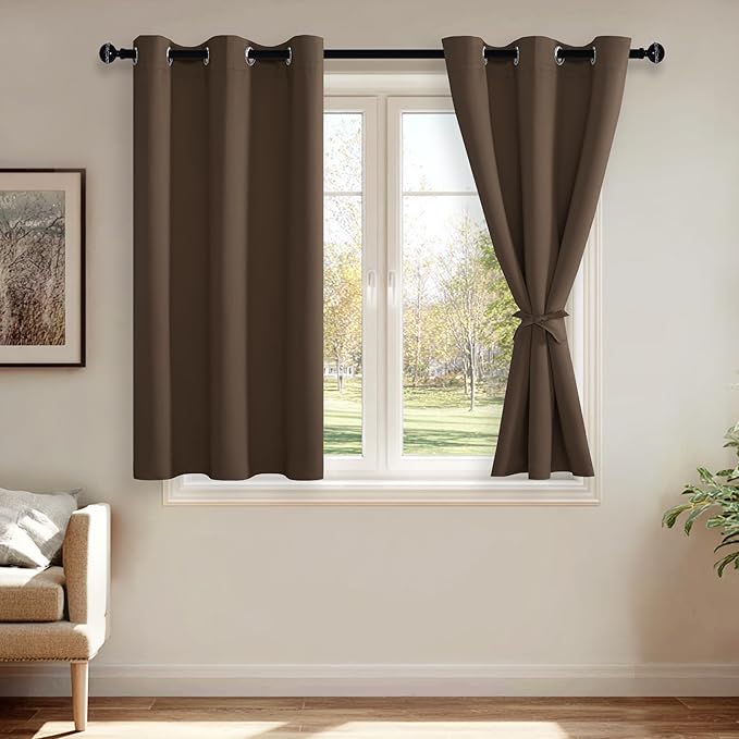 JIUZHEN Blackout Curtains with Tiebacks - Thermal Insulated, Light Blocking and Noise Reducing Grommet Curtain Drapes for Bedroom and Living Room, Set of 2 Panels, 42 x 54 Inch Length, Brown