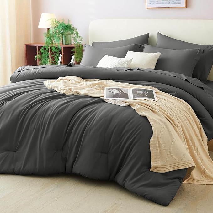 CozyLux Oversized King Comforter Set Dark Grey, 7 Pieces Bed in a Bag Comforter Set with Sheets, Soft Bedding Sets with Down Alternative Comforter, Fitted Sheet, Flat Sheet, Pillowcases and Shams