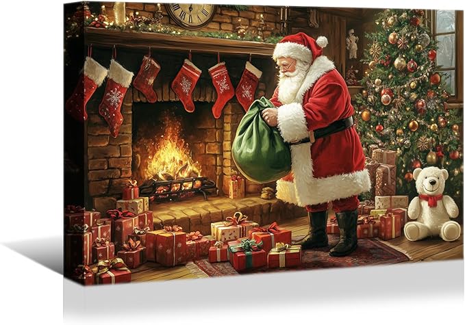 YONICA Christmas Wall Decor Santa Canvas Wall Art Home Decorations 24x18 Inches - Santa Pictures Christmas Pine Tree Bear Doll Prints Winter Painting Xmas Artworks for Living Room Bedroom