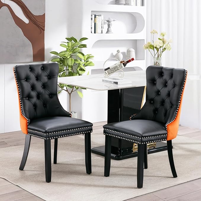 SoarFlash Leather Dining Chairs Set of 2, Tall Back Side Chair, Modern Upholstered Side Chair with Button Back Ring, Solid Wood Legs (Black&Orange)