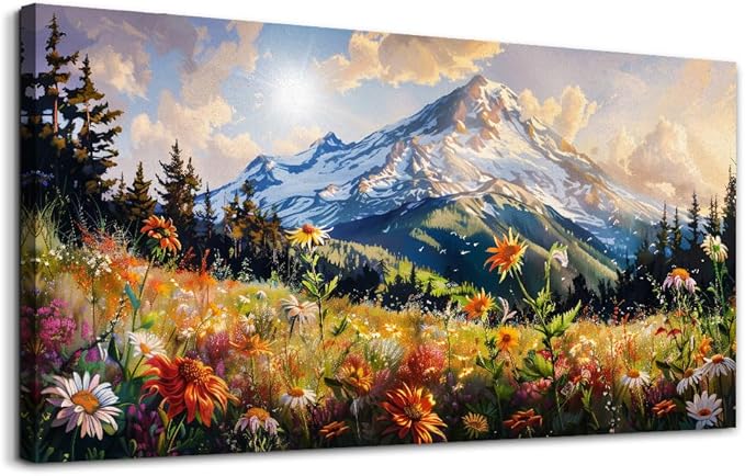 FUHAIHUA Large Framed Wall Decor For Living Room Canvas Wall Art For Office Farmhouse Wall Decorations For Bedroom Mountain Flower Landscape Paintings Modern Pictures Artwork Home Decor 24x48 In