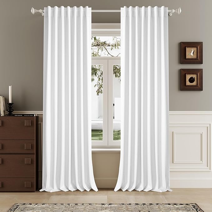 DUALIFE Pure White Blackout Curtains 102 Inch Length 2 Panels Set for Living Room Bedroom Rod&Back Tab Thermal Insulated 100% Black Out Linen Drapes Room Darkening Window Curtains 72" x 102"