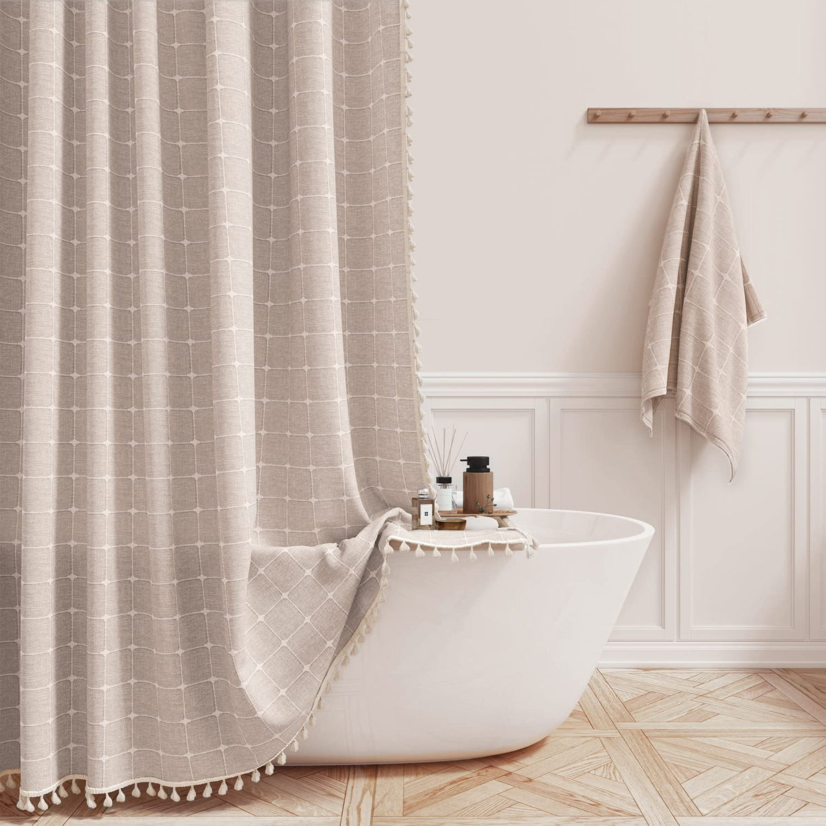 BTTN 60x72 Boho Farmhouse Linen Heavy Duty Shower Curtain Set, Tan/Taupe