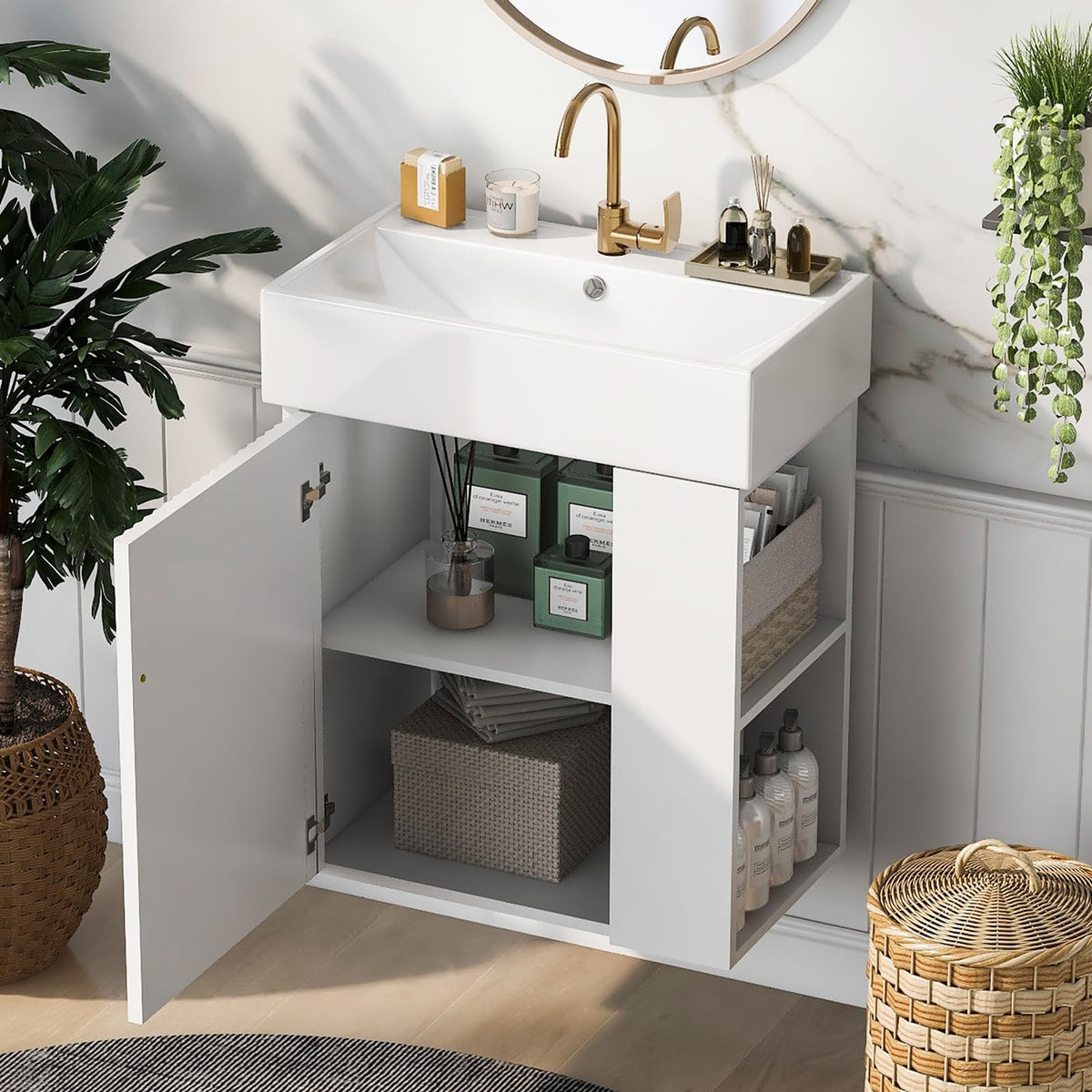 21.6" Wall Mounted Bathroom Vanity with Ceramic Sink Combo, Small Single Vanity Set with Right Open Side Storge Shelf Floating Bathroom Storage Cabinet with Soft-Close Door, for Small Spaces, White