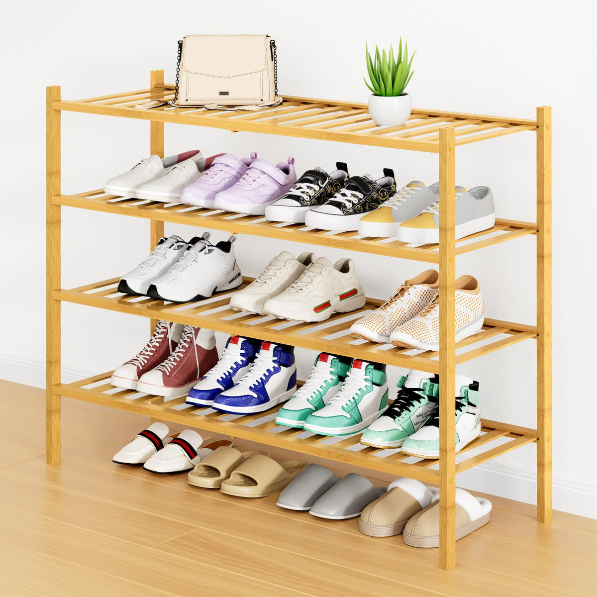 Smiry Bamboo Shoe Rack, 16 Vertical Slats, 4 Tier - 33.7" Wide, Natural