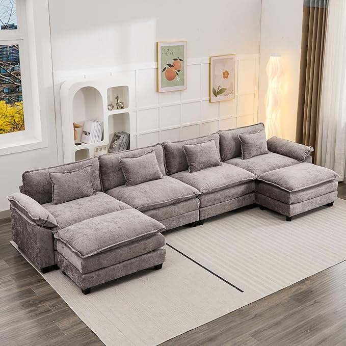 154" Modular Sectional Sofa, Comfy Cloud Couch Sectional Sofa with Ottoman, Chenille Sofa Sleeper Deep Seat Sofa with Throw Pillows for Living Room (Light Gray, 154"- U Shape)