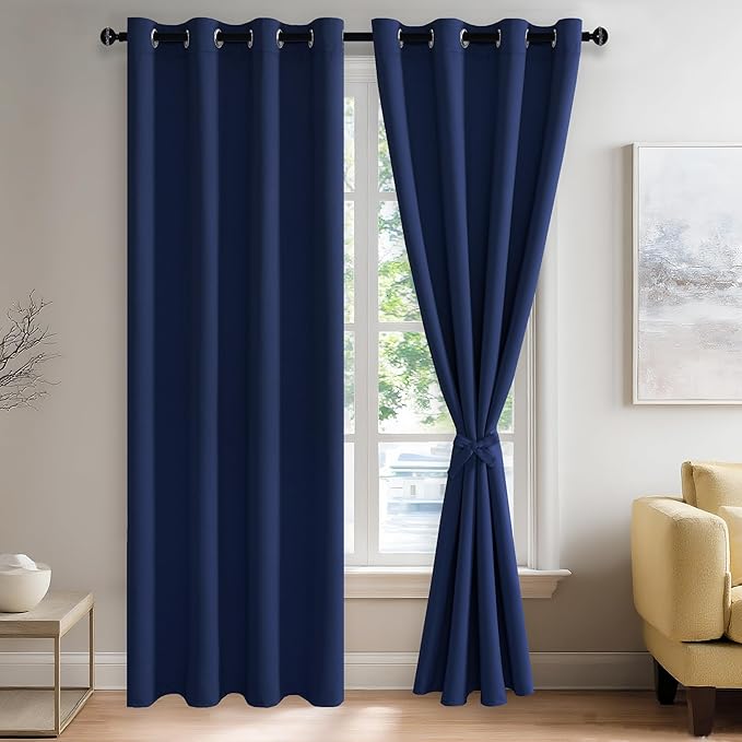 JIUZHEN Blackout Curtains with Tiebacks - Thermal Insulated, Light Blocking and Noise Reducing Grommet Curtain Drapes for Bedroom and Living Room, Set of 2 Panels, Navy Blue, 52 x 84 Inch Length