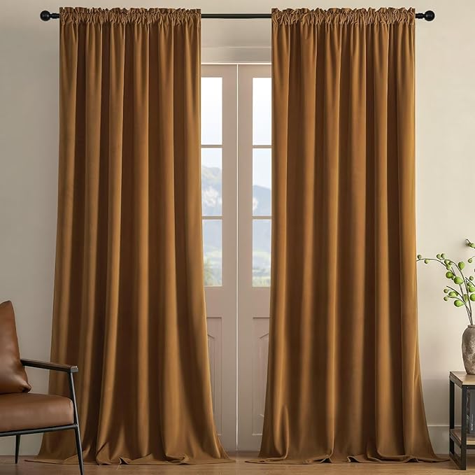 Joydeco Camel Brown Velvet Curtains 120 inch Length 2 Panels, Luxury Blackout Rod Pocket Thermal Insulated Window Curtains, Super Soft Room Darkening Drapes for Living Room Bedroom,W52 x L120 inches