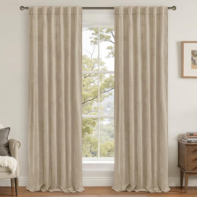 LAMIT Taupe Velvet Curtains 108 Inch for Living Room, Thick Thermal Insulated Room Darkening Drapes Super Soft Elegant Back Tab and Rod Pocket Panels for Sliding Glass Door, 2 Panels, 52 x 108 Inch