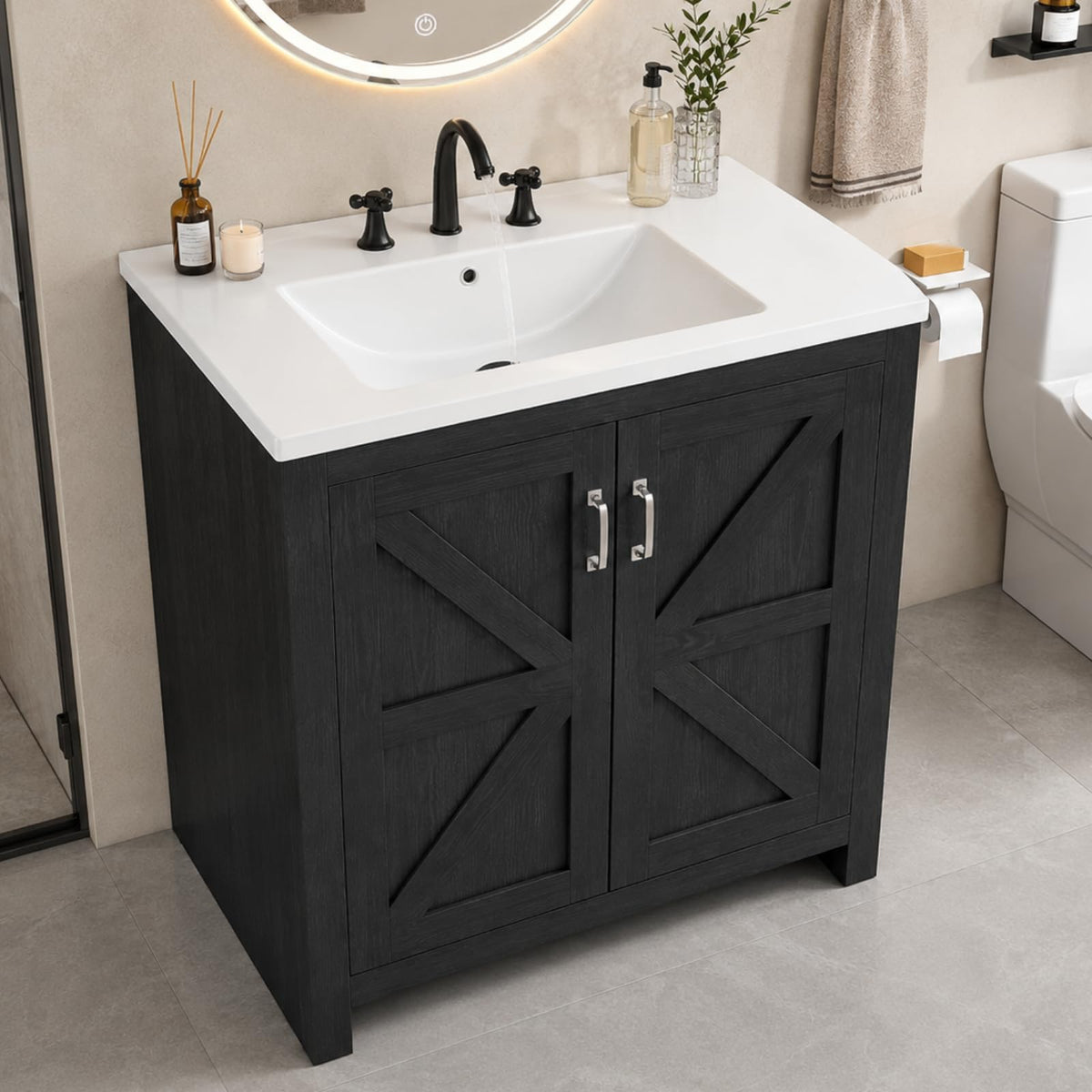 ONBRILL 30" Farmhouse Bathroom Vanity with Ceramic Sink, Black Bath Vanity