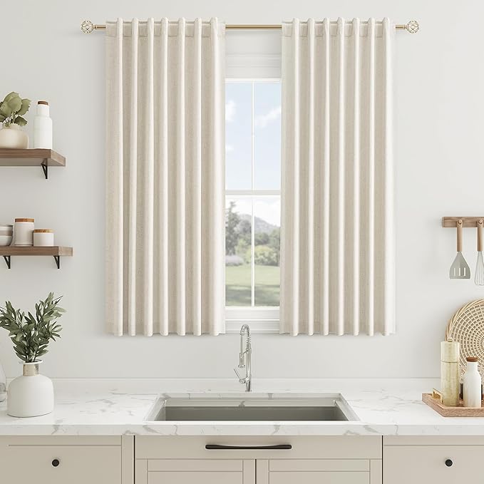 Guken Beige Linen Blackout Curtains 45 Inch Length 2 Panels Set for Living Room Bedroom Back Tab Thermal Insulated 100% Black Out Linen Drapes Room Darkening Window Curtains 45 Inches Long