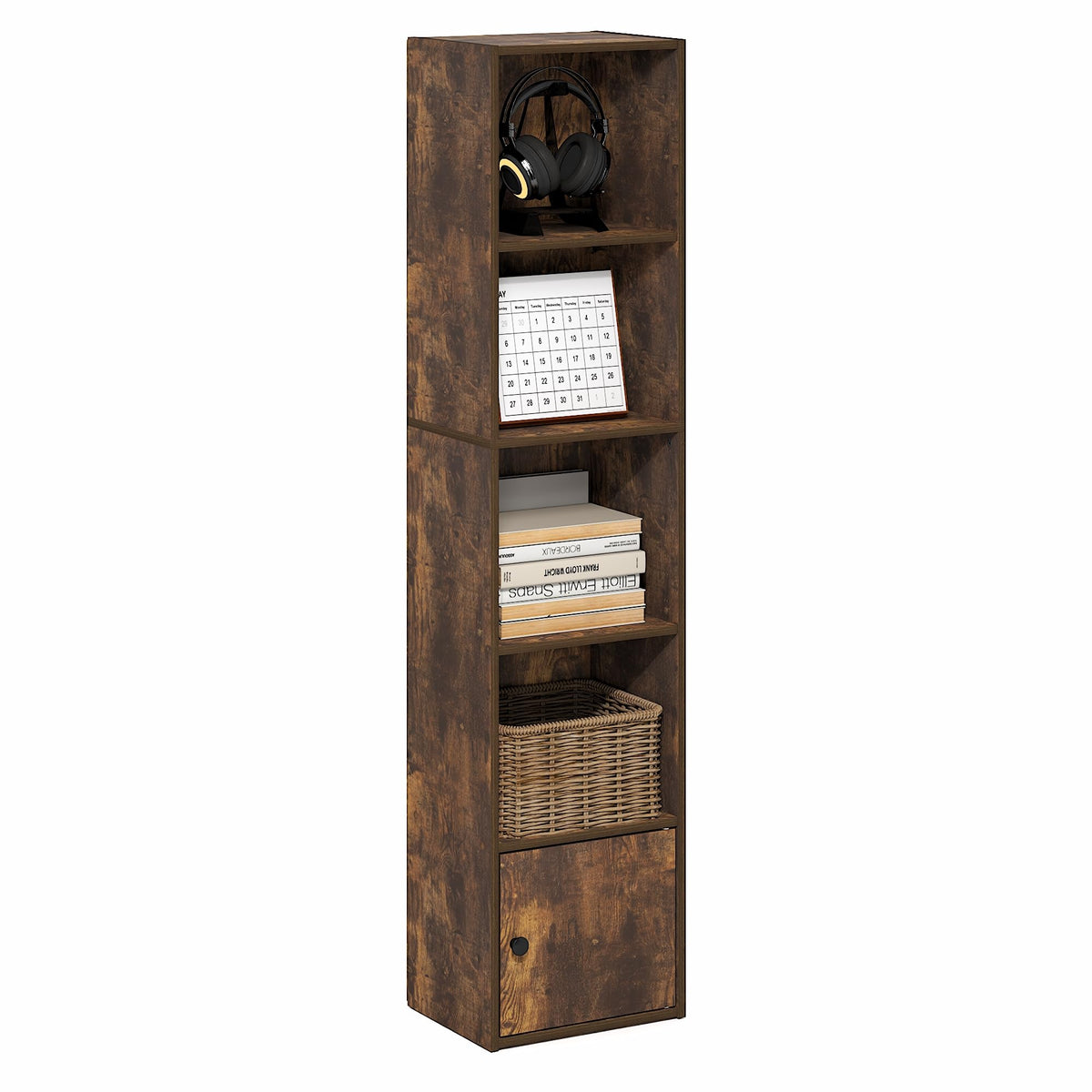 Furinno LUDER Book Shelf, 5-Tier Bookshelf with Open Shelf, Standing Bookcase with 1 Door Cabinet, 9.3 x 12 x 52, for Organization and Storage, for Living Room, Bedroom, Home Office, Amber Pine