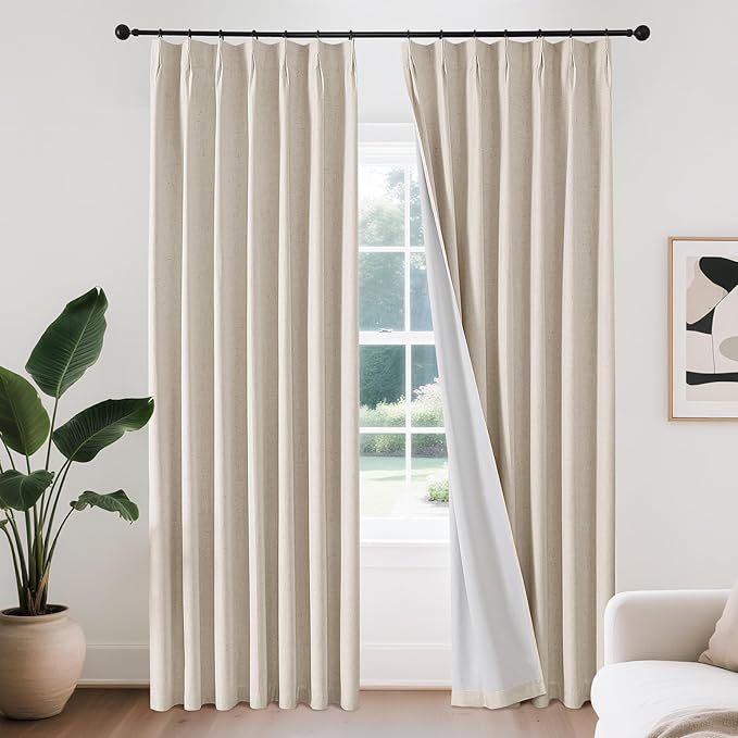 Joydeco 100% Blackout Pleated Curtains, Linen Window Curtains 2 Panel Sets 108 inches Long, Thermal Insulated Darkening Drapes for Bedroom(Ecru,40'' Wx108'' L)