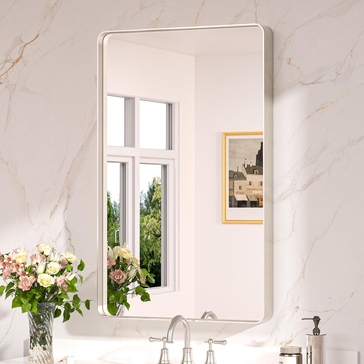 Keonjinn 40 x 24 Inch Brushed Nickel Bathroom Mirrors for Over Sink