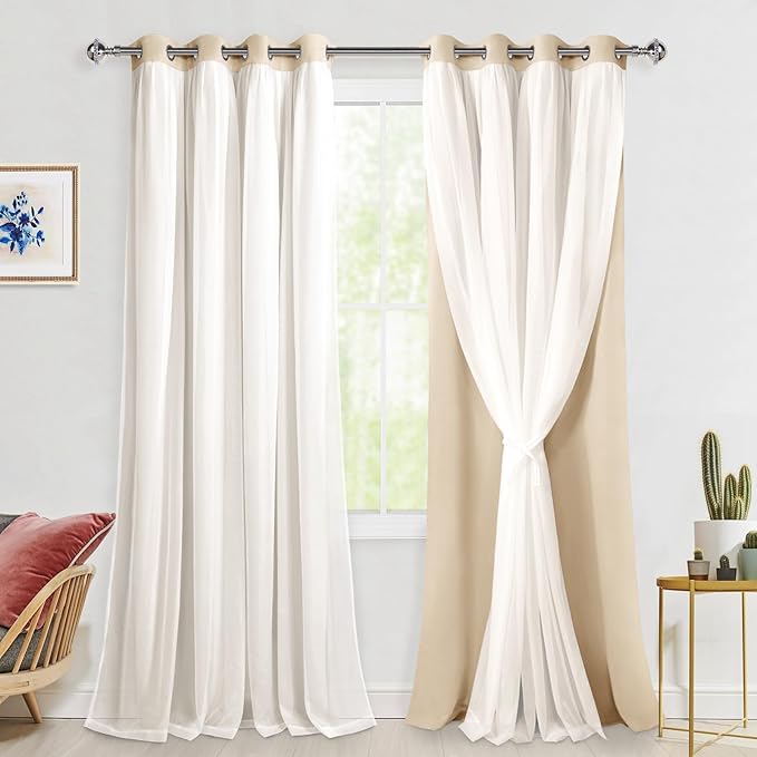 Hiasan Mix & Match Blackout Curtains with Sheer Overlay, Double Layer Thermal Insulated Privacy Grommet Window Curtains for Girls Bedroom, Living Room, 2 Drape Panels with Tiebacks, Beige, 52W X 96L