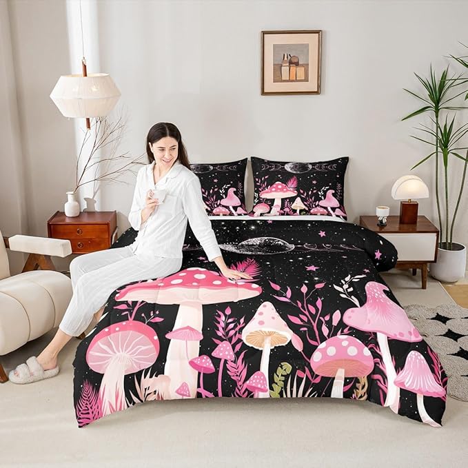 Mushroom Kids Comforter Set Queen Size,Sun Moon Starry Sky Planet Romantic Bedding Set,Boys Girls Adults Room Decor,Plants Leaves Boho Trippy Down Comforter,Pink Dreamy Duvet Insert,2 Pillowcases