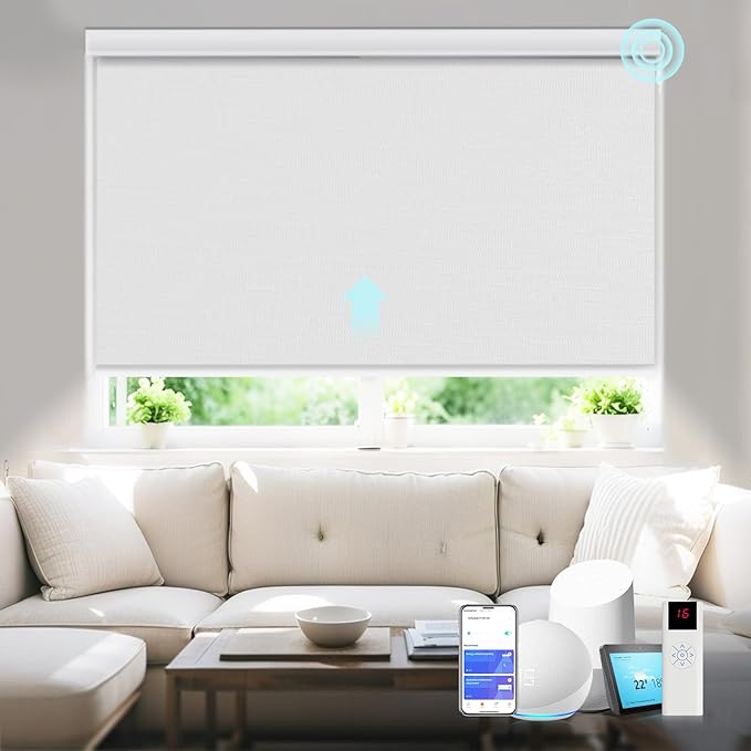 Motorized Blinds with Remote Smart Blackout Shades Electric Curtains Automatic Roller Blinds Shades for Indoor Windows Cordless with Alexa Google Home(Blackout Cloud White,W23x H62)