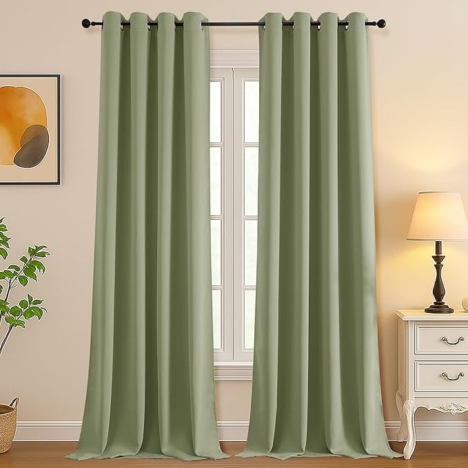 Simplebrand Sage Green Room Darkening Curtains for Bedroom Living Room 108 Inches Long 2 Panels Set, Thermal Insulated Curtains & Drapes, Solid Grommet Noise Reducing Window Treatment, W50 x L108 Inch